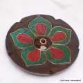 Porte-encens tibétain galette Lotus bois et pierres - Porte-encens tibétains