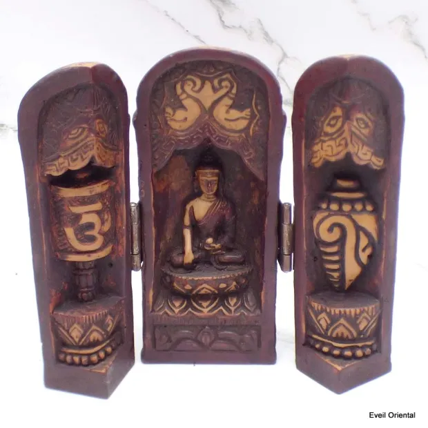 Statuette bouddhiste Temple triptyque de voyage antique 12 cm - Stupas, temples bouddhistes