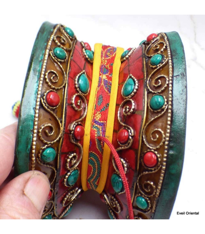 Damaru tibétain 12 cm décoré de pierres-ap Damaru tibétain Chod DAMA12-a