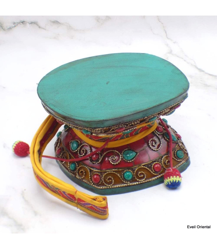 Damaru tibétain 12 cm décoré de pierres-ap Damaru tibétain Chod DAMA12-a