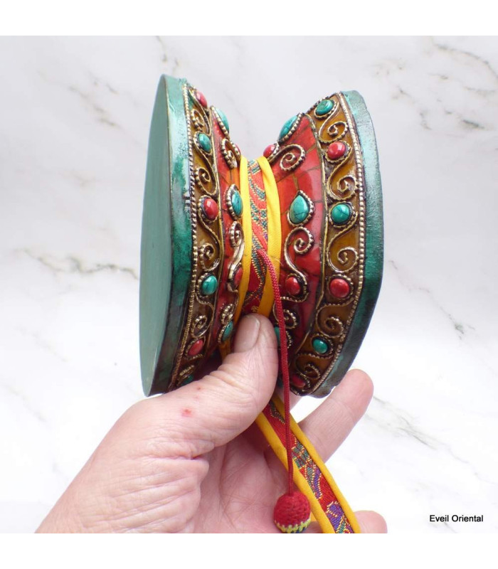 Damaru tibétain 12 cm décoré de pierres-ap Damaru tibétain Chod DAMA12-a