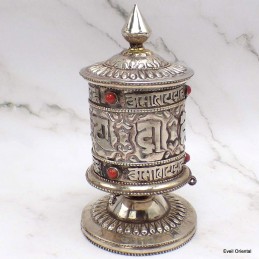 Moulin à prières tibétain en métal blanc 15 cm 