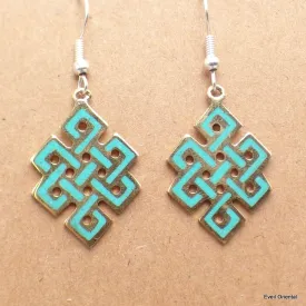 Boucle d'oreille tibétaines bouddhiste Noeud sans fin turquoise - Boucles d'oreilles tibétaines