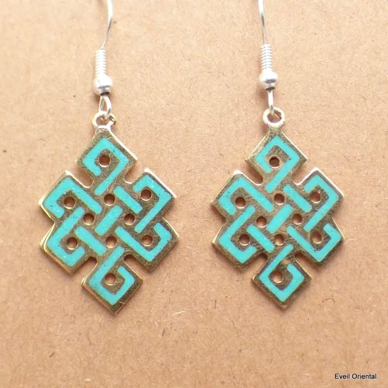 Boucle d'oreille tibétaines bouddhiste Noeud sans fin turquoise - Boucles d'oreilles tibétaines