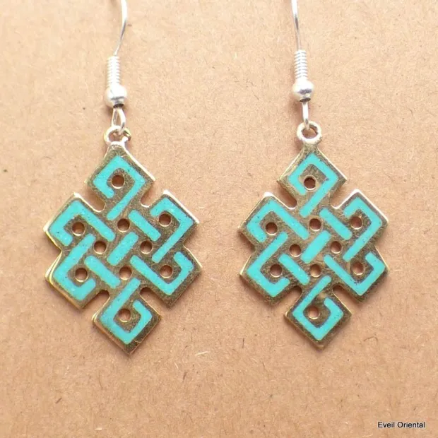 Boucle d'oreille tibétaines bouddhiste Noeud sans fin turquoise - Boucles d'oreilles tibétaines