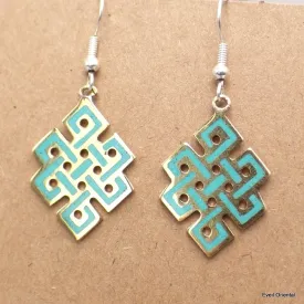 Boucle d'oreille tibétaines bouddhiste Noeud sans fin turquoise - Boucles d'oreilles tibétaines