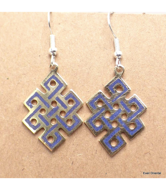 Boucle d'oreille bouddhiste Noeud sans fin Lapis Boucles d'oreilles tibétaines PBO9