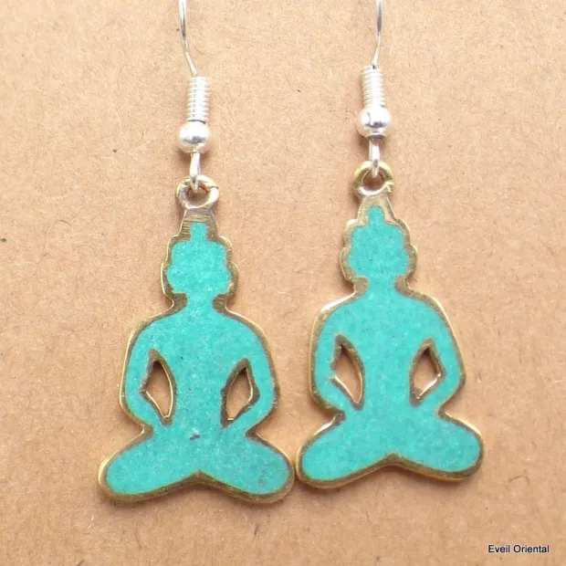 Boucle d'oreille tibétaines bouddhiste Bouddha turquoise - Boucles d'oreilles tibétaines