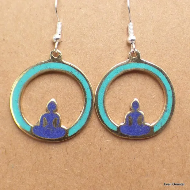 Boucle d'oreille tibétaines Bouddha lapis sur lune - Boucles d'oreilles tibétaines