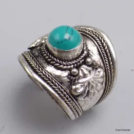 Bague tibétaine Dorjé métal blanc et Turquoise - Bagues tibétaines bouddhistes