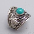 Bague tibétaine Dorjé métal blanc et Turquoise Bagues tibétaines bouddhistes 4666.15-a