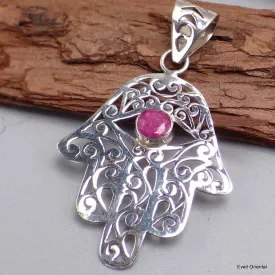 Pendentif Main de Fatma argent rubis - Pendentifs pierres naturelles