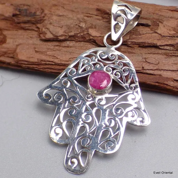 Pendentif Main de Fatma argent rubis - Pendentifs pierres naturelles