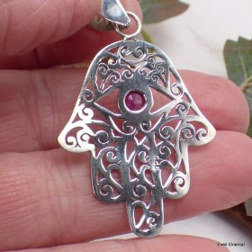 Pendentif Main de Fatma argent rubis 