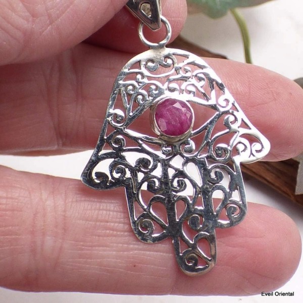 Pendentif Main de Fatma argent rubis Pendentifs pierres naturelles k68.4