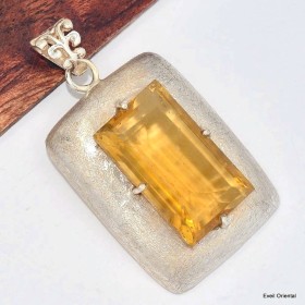 Gros Pendentif Fluorite Jaune argent satiné 