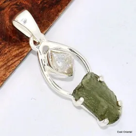Pendentif Pierres naturelles Moldavite et Diamant d'Herkimer - Pendentifs pierres naturelles