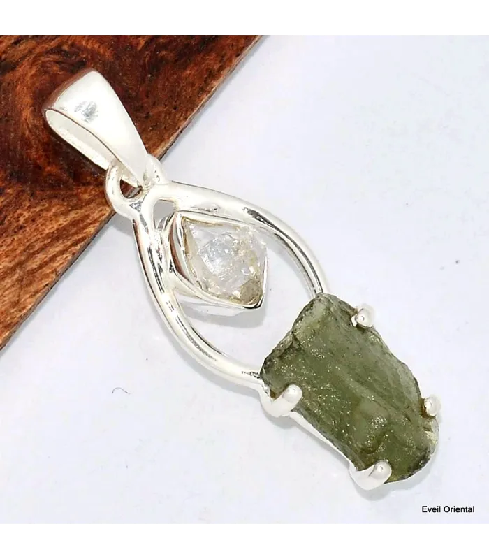Pendentif Pierres naturelles Moldavite et Diamant d'Herkimer - Pendentifs pierres naturelles