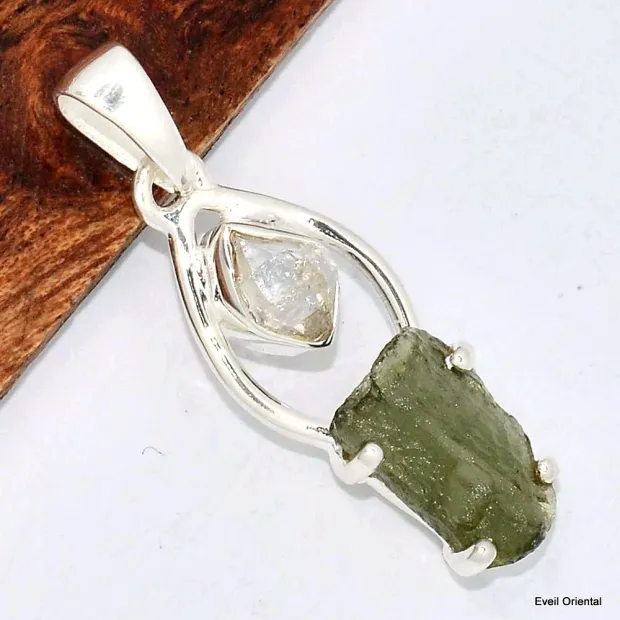 Pendentif Pierres naturelles Moldavite et Diamant d'Herkimer - Pendentifs pierres naturelles