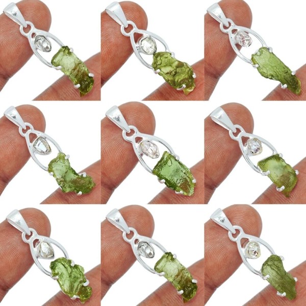 Pendentif Moldavite et Diamant d'Herkimer Pendentifs pierres naturelles KC32 - SK4