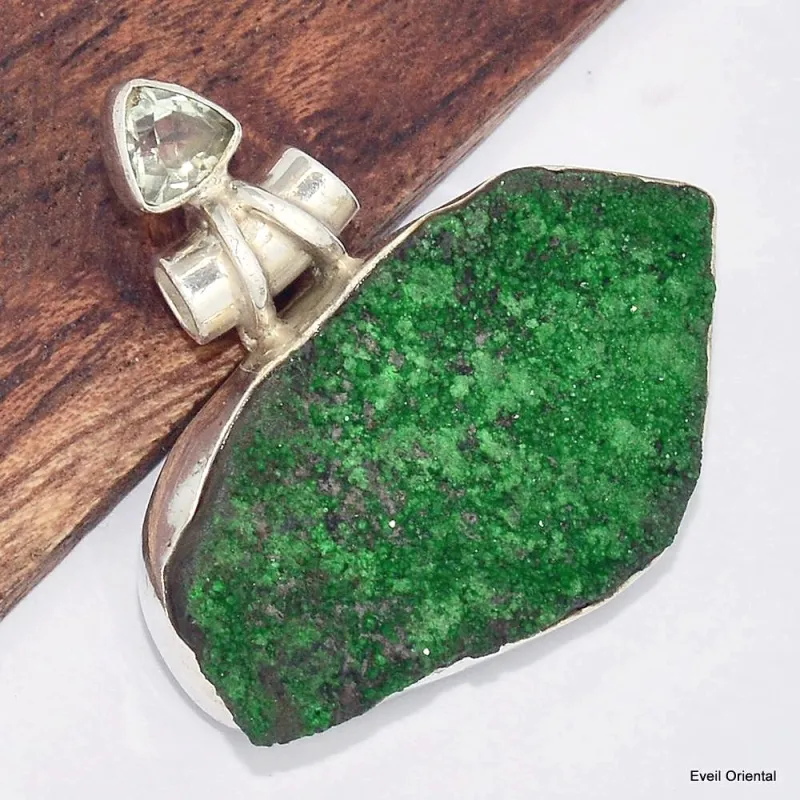 Pendentif Grenat Vert et Topaze blanche - Bijoux en Grenat Uvarovite