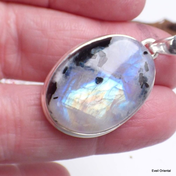 Pendentif Tourmaline sur Pierre de lune bleue Bijoux en Pierre de lune KC37.2