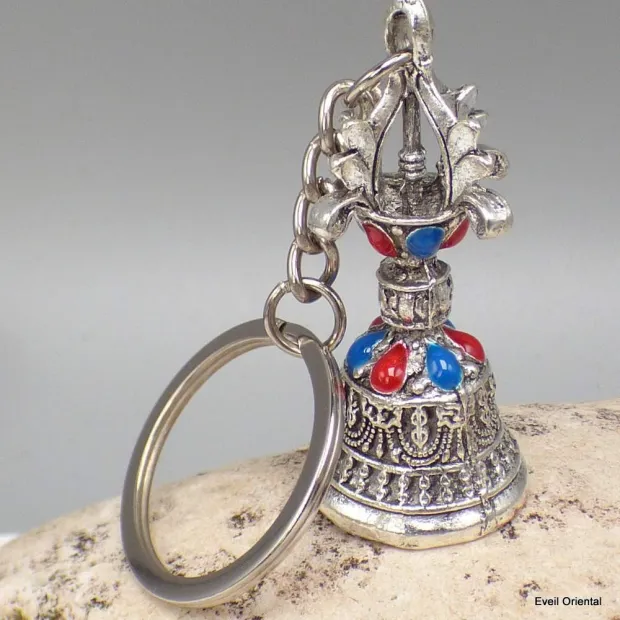 Porte-clé bouddhiste cloche et dorjé métal blanc - Amulette bouddhiste, porte-clé