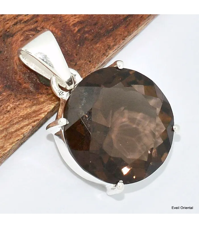 Pendentif rond en Quartz fumé facetté - Pendentifs pierres naturelles