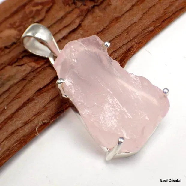 Pendentif Quartz rose brut serti griffes - Pendentifs pierres naturelles