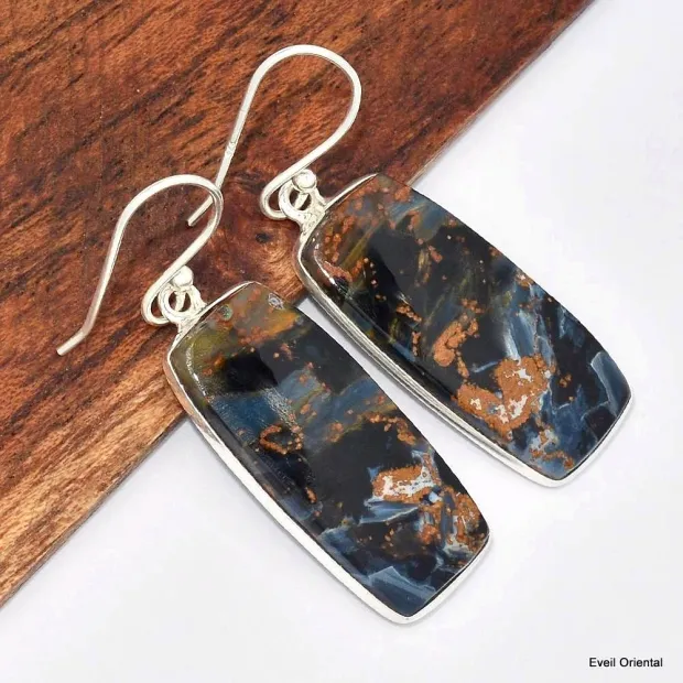Boucles d'oreilles Pietersite fauves rectangulaires - Bijoux en Pietersite