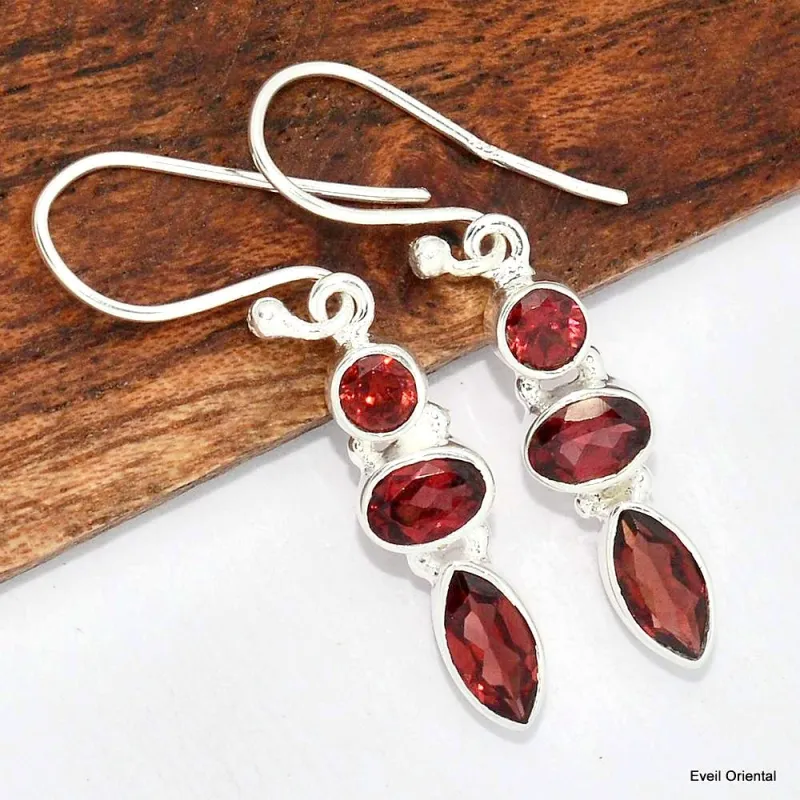 Boucles d'oreilles 3 Grenats facettés - Boucles d'oreilles en pierres naturelles