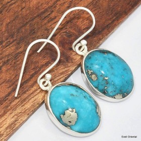 Boucles d'oreilles ovales Turquoise avec pyrite Bijoux en Turquoise Iranienne (Nishapur) KC94.1