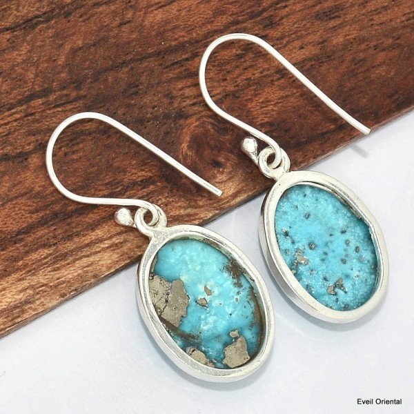 Boucles d'oreilles ovales Turquoise avec pyrite Bijoux en Turquoise Iranienne (Nishapur) KC94.1