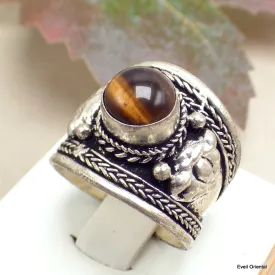 Bague tibétaine Dorjé métal blanc et Oeil de Tigre - Bagues tibétaines bouddhistes