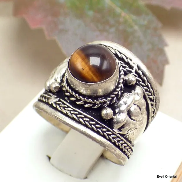 Bague tibétaine Dorjé métal blanc et Oeil de Tigre - Bagues tibétaines bouddhistes