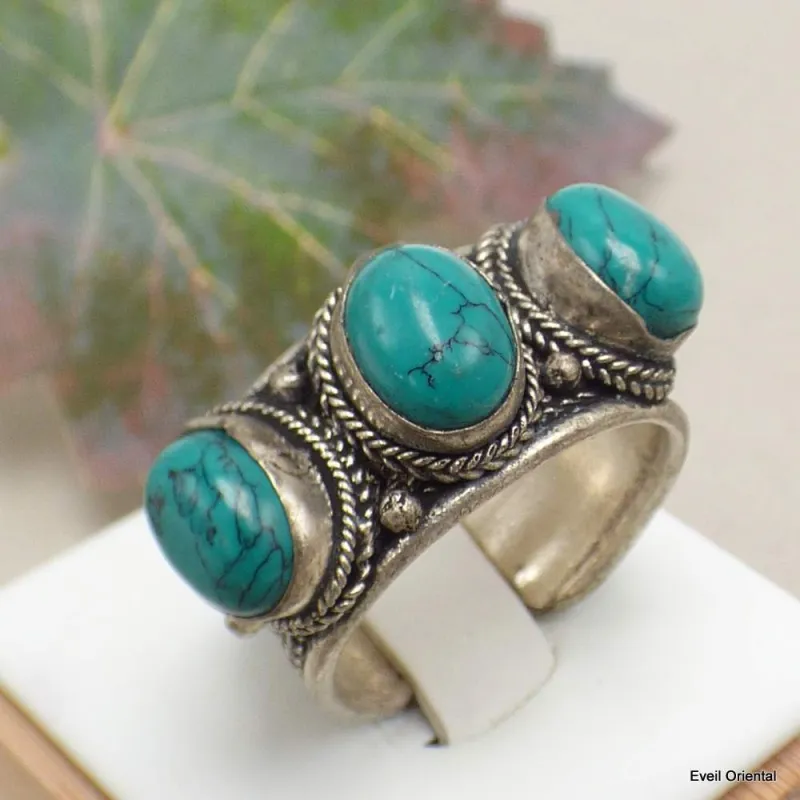 Bague tibétaine trois Turquoise - Bagues tibétaines bouddhistes