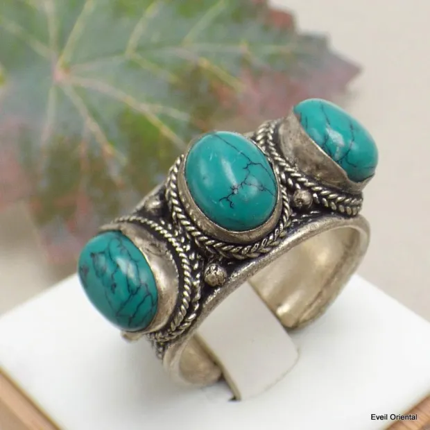 Bague tibétaine trois Turquoise - Bagues tibétaines bouddhistes