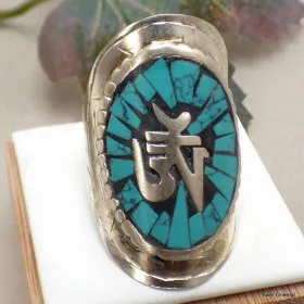 Bague tibétaine Symbole Om en turquoise - Bagues tibétaines bouddhistes