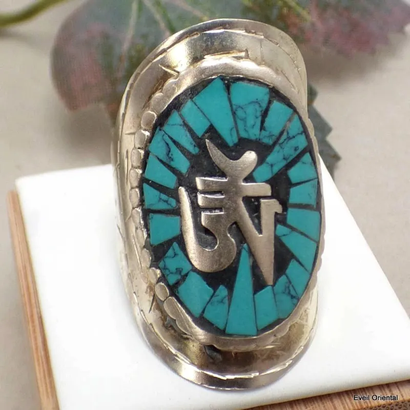 Bague tibétaine Symbole Om en turquoise - Bagues tibétaines bouddhistes