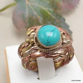 Bague tibétaine tressée laiton et cuivre et Turquoise - Bijoux en Cuivre