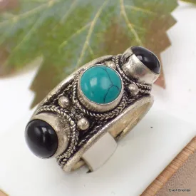 Bague tibétaine 3 pierres Turquoise Onyx T 56 à 60 - Bagues tibétaines bouddhistes