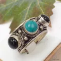 Bague tibétaine 3 pierres Turquoise Onyx T 56 à 60 - Bagues tibétaines bouddhistes