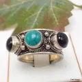 Bague tibétaine 3 pierres Turquoise Onyx T 56 à 60 - Bagues tibétaines bouddhistes
