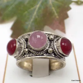 Bague tibetaine Quartz rose Cornaline - Bagues tibétaines bouddhistes