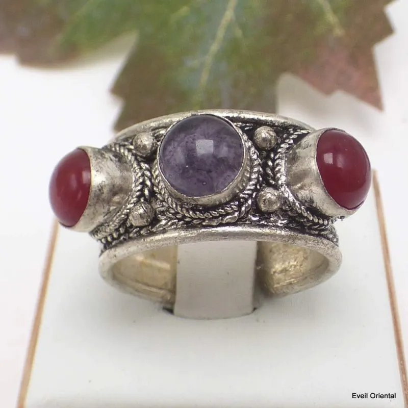 Bague tibetaine Amethyste Cornaline - Bagues tibétaines bouddhistes