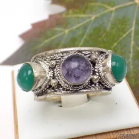 Bague tibetaine Amethyste Onyx vert - Bagues tibétaines bouddhistes