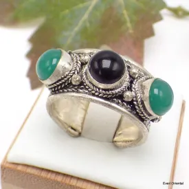 Bague tibetaine Onyx vert et noir - Bagues tibétaines bouddhistes