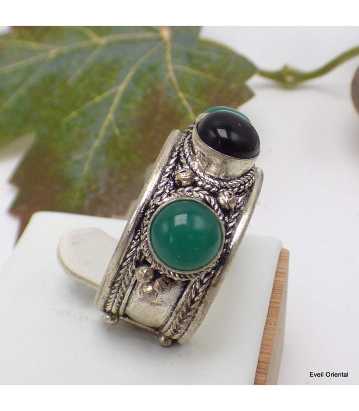 Bague tibetaine Onyx vert et noir Bagues tibétaines bouddhistes 5097.10