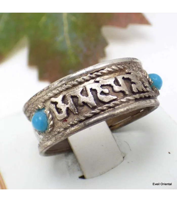 Bague tibétaine bouddhiste mantra de Chenrezi + perles - Bagues tibétaines bouddhistes