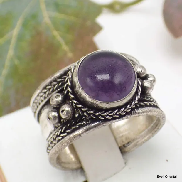 Bague tibetaine Amethyste ronde taille ajustable - Bagues tibétaines bouddhistes